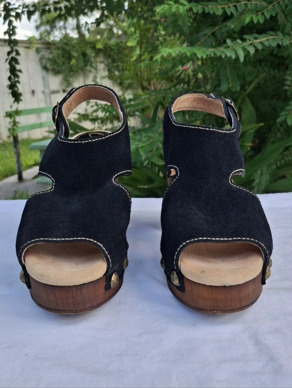 Californians Black Suede Studded Wood Sole Slingback Platform Sandals Clogs Sz 7